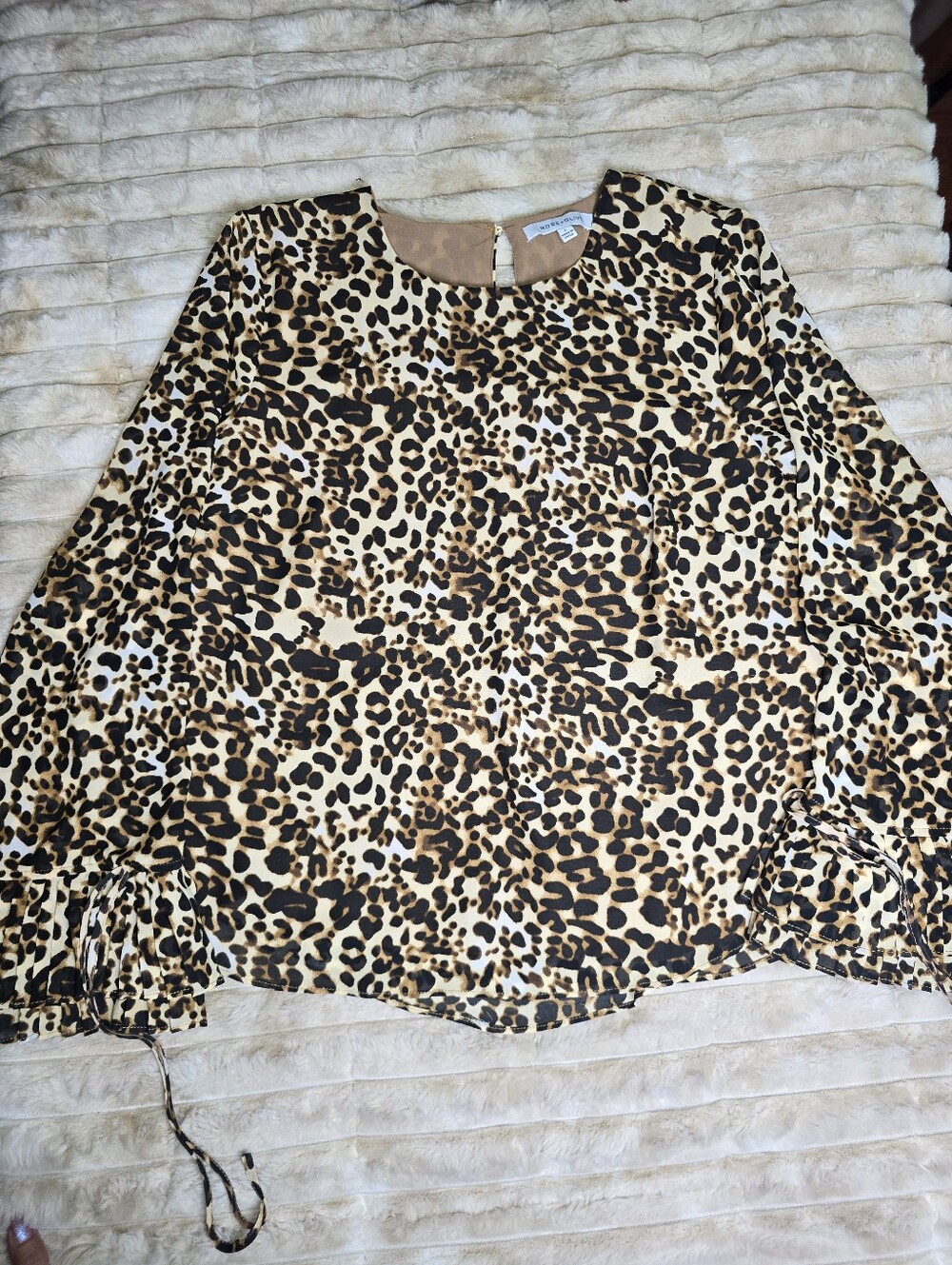ROSE + OLIVE Leopard Print Tiered Bell Sleeve Blouse L